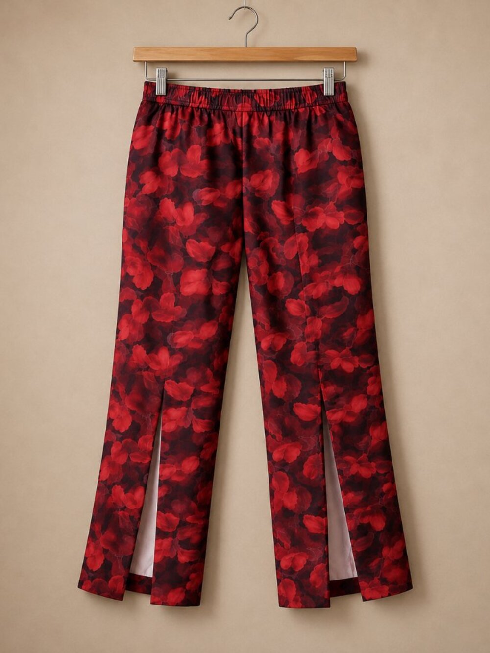 Eloquii Red Blossom Satin Wide Leg Pants Front Slits Floral Trousers Size 16